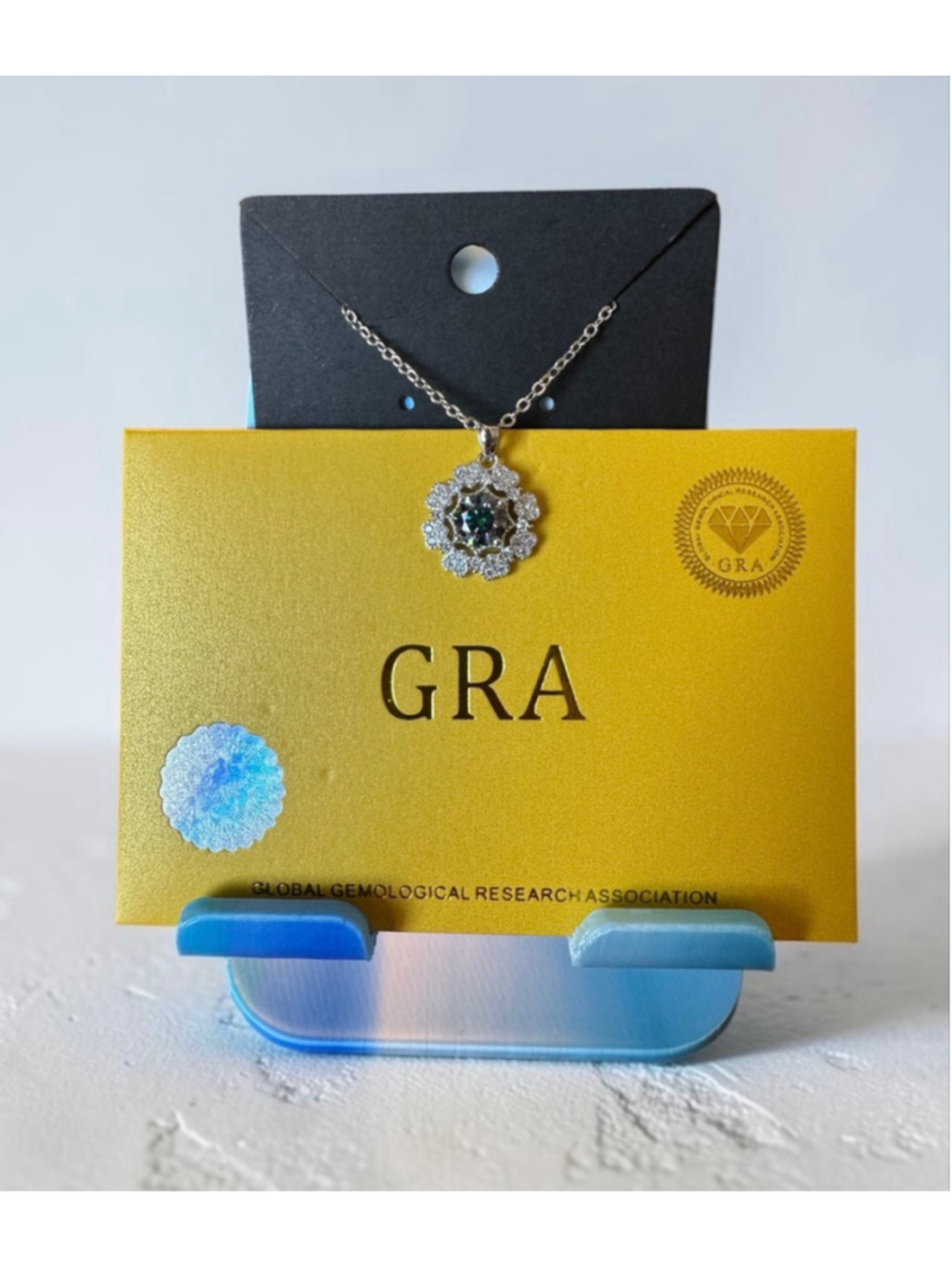 $400 Fantasy Blue Moissanite Necklace, GRA Certificate & Card - Brand New